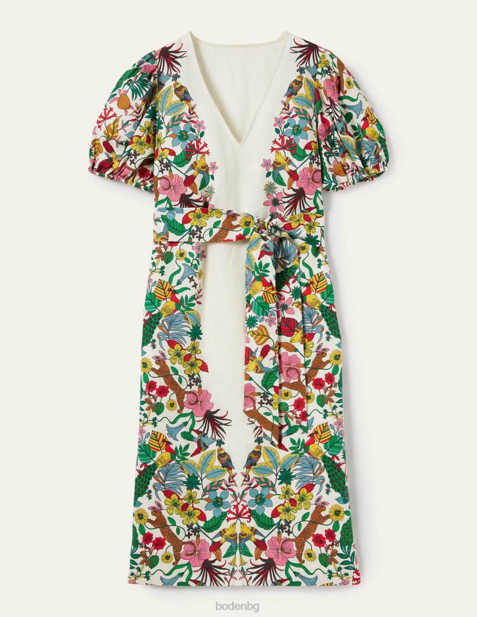 облекло Boden ленена миди рокля с буф ръкав слонова кост и екзотичен рай Жени LL682408