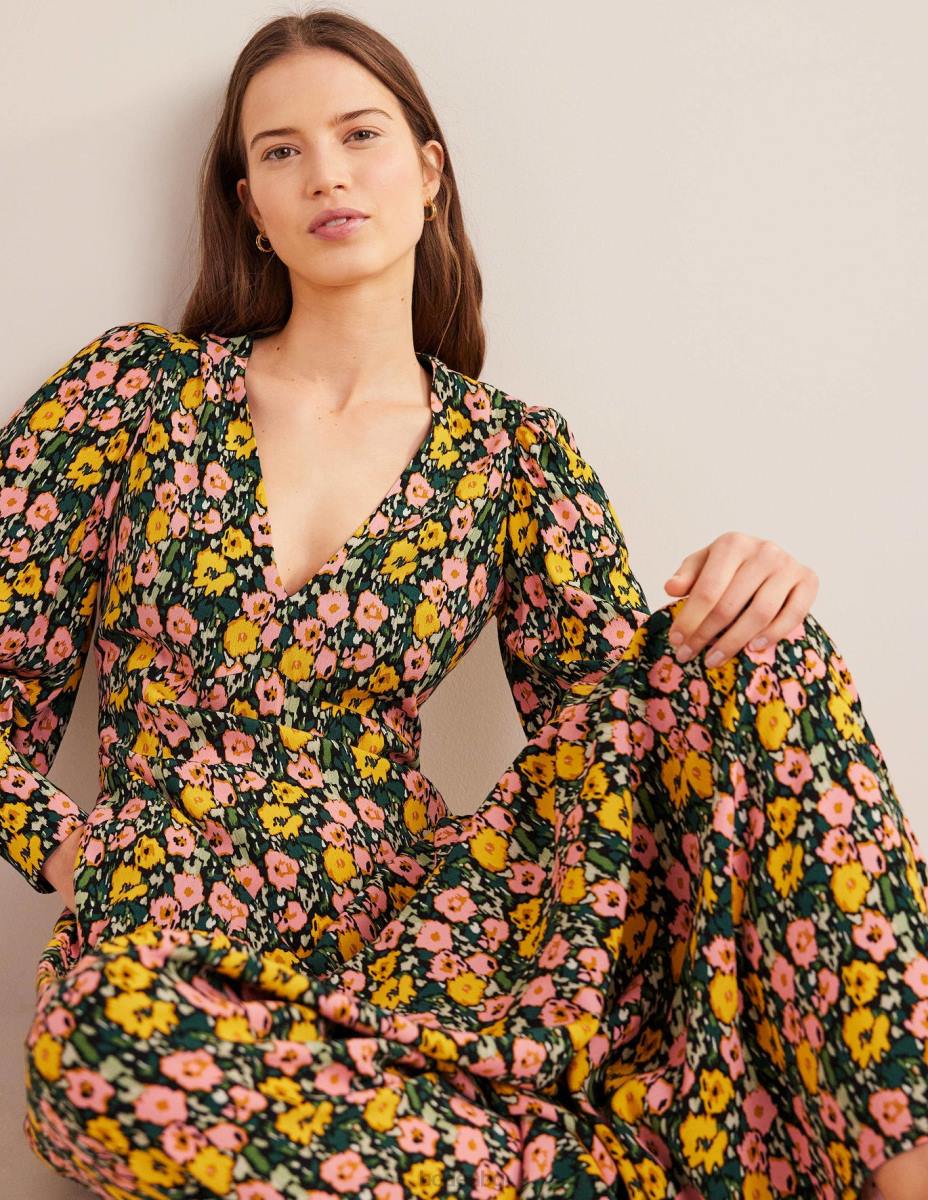 облекло Boden макси чаена рокля с блузон ръкав изумрудена нощ и абстрактен мак Жени LL682439