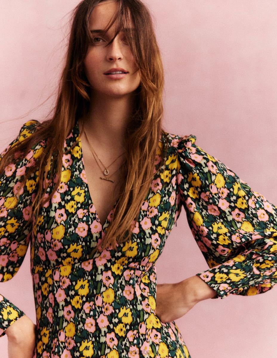 облекло Boden макси чаена рокля с блузон ръкав изумрудена нощ и абстрактен мак Жени LL682439