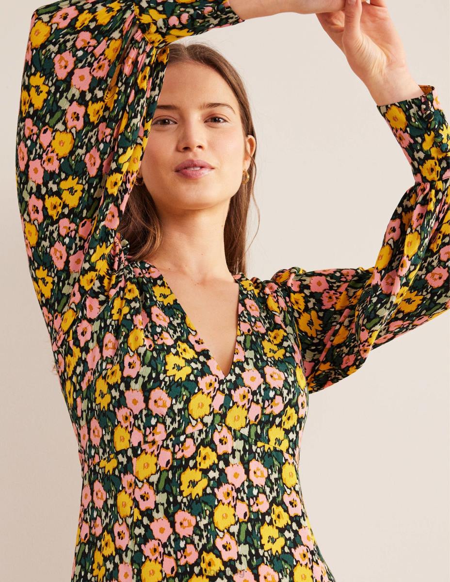 облекло Boden макси чаена рокля с блузон ръкав изумрудена нощ и абстрактен мак Жени LL682439