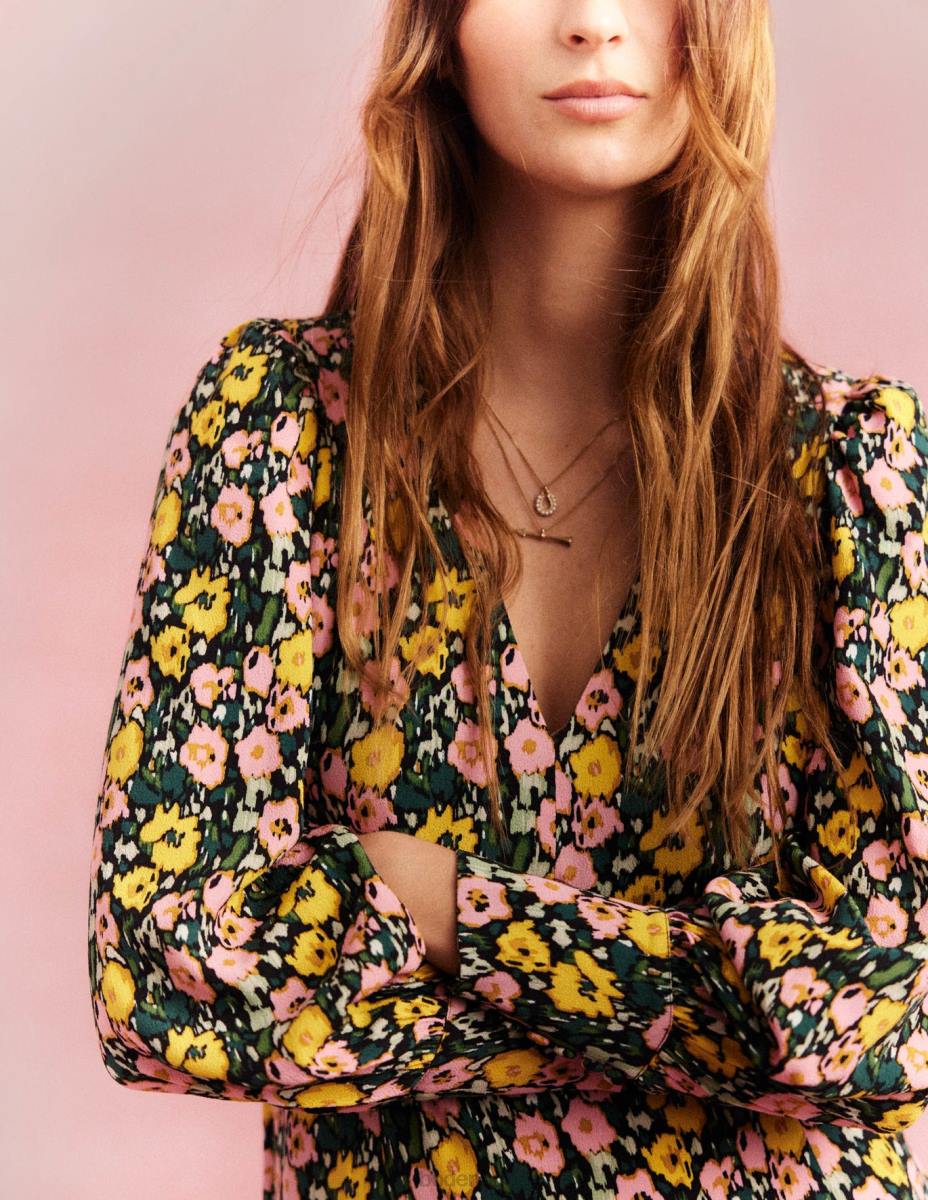 облекло Boden макси чаена рокля с блузон ръкав изумрудена нощ и абстрактен мак Жени LL682439