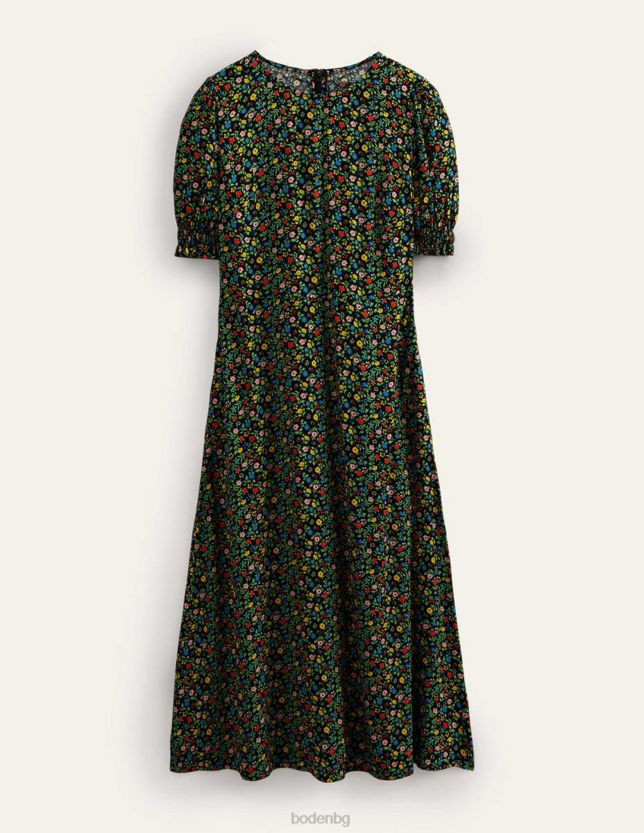 облекло Boden миди рокля с къс ръкав черна и листенца Жени LL682536