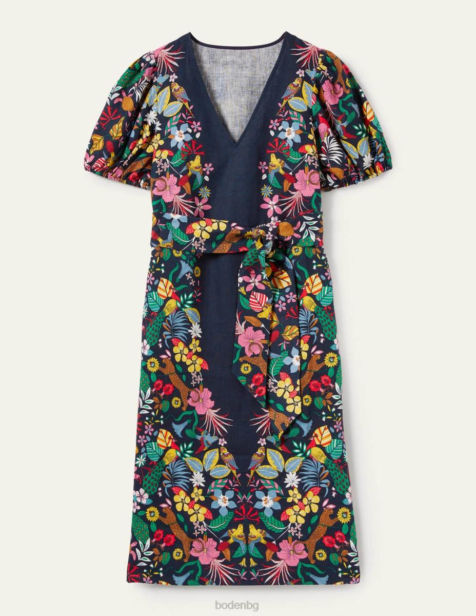 облекло Boden ленена миди рокля с буф ръкав флот и екзотичен рай Жени LL682563