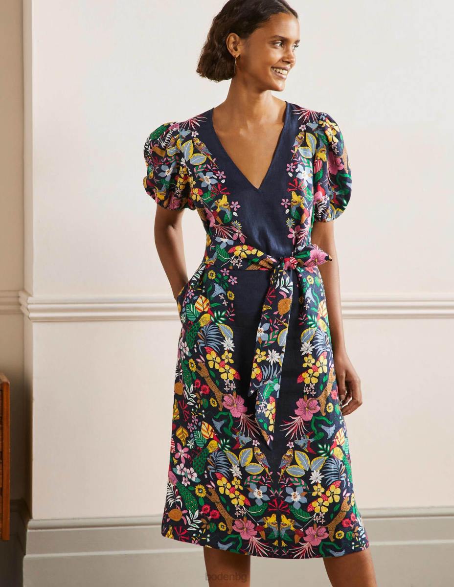 облекло Boden ленена миди рокля с буф ръкав флот и екзотичен рай Жени LL682563