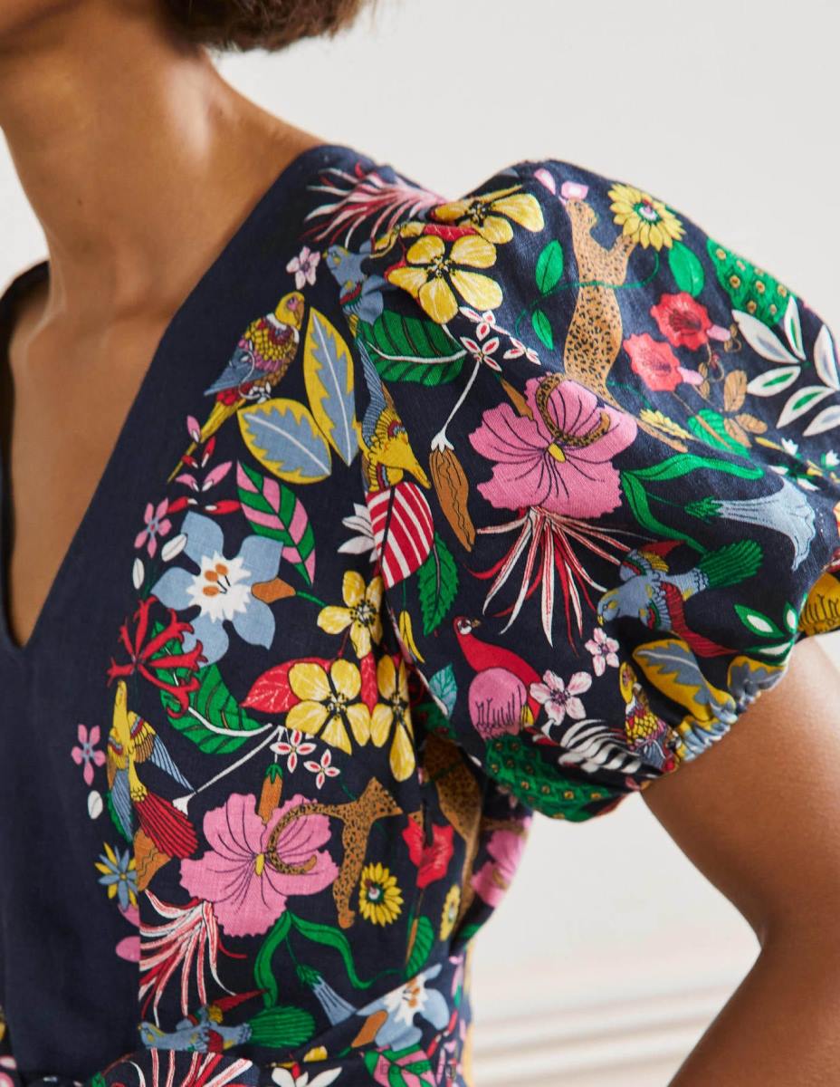 облекло Boden ленена миди рокля с буф ръкав флот и екзотичен рай Жени LL682563