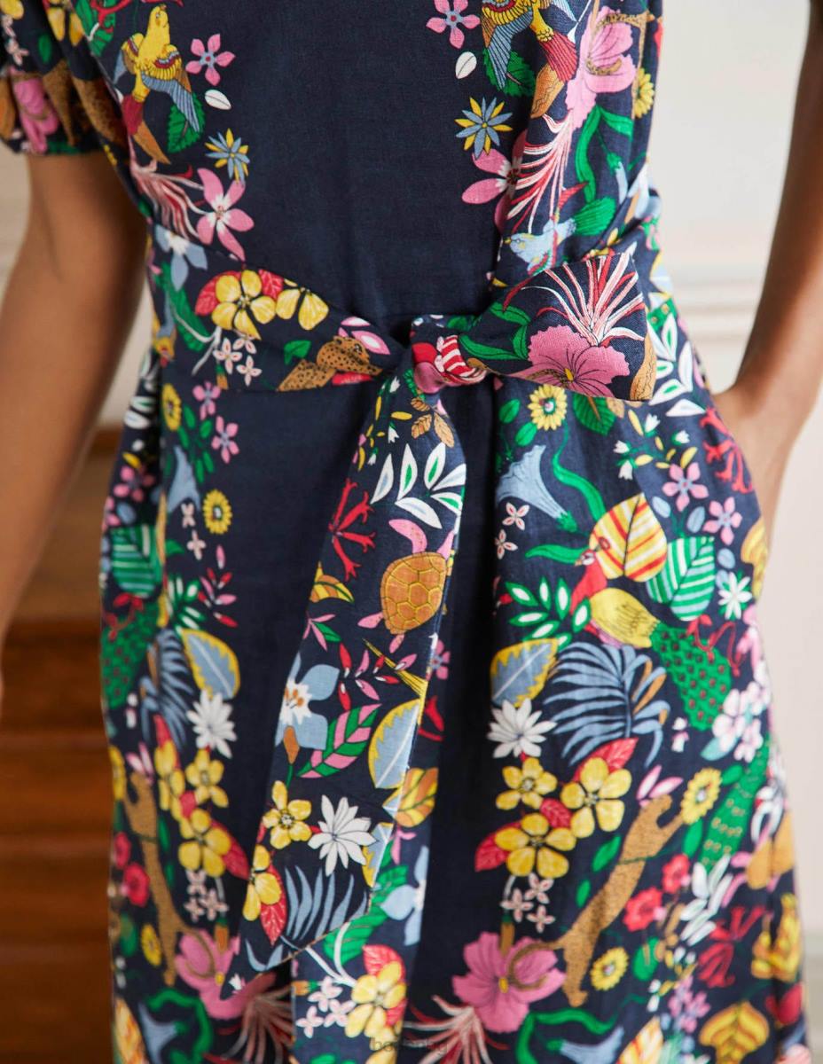 облекло Boden ленена миди рокля с буф ръкав флот и екзотичен рай Жени LL682563