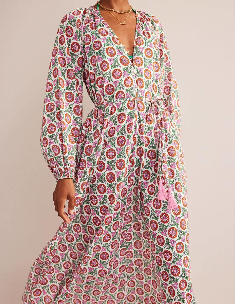 облекло Boden памучна макси рокля с прорез джин и слънчогледово стръкче Жени LL6828