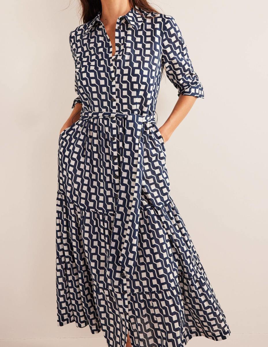 облекло Boden многослойна памучна макси рокля флот и куб гео Жени LL6832