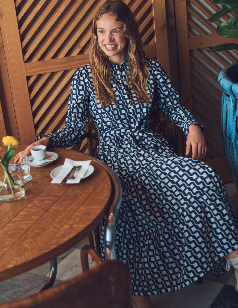 облекло Boden многослойна памучна макси рокля флот и куб гео Жени LL6832