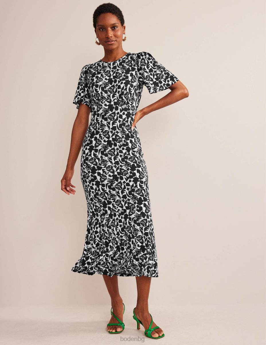 облекло Boden миди рокля от трико черно и лале цъфтеж Жени LL6849