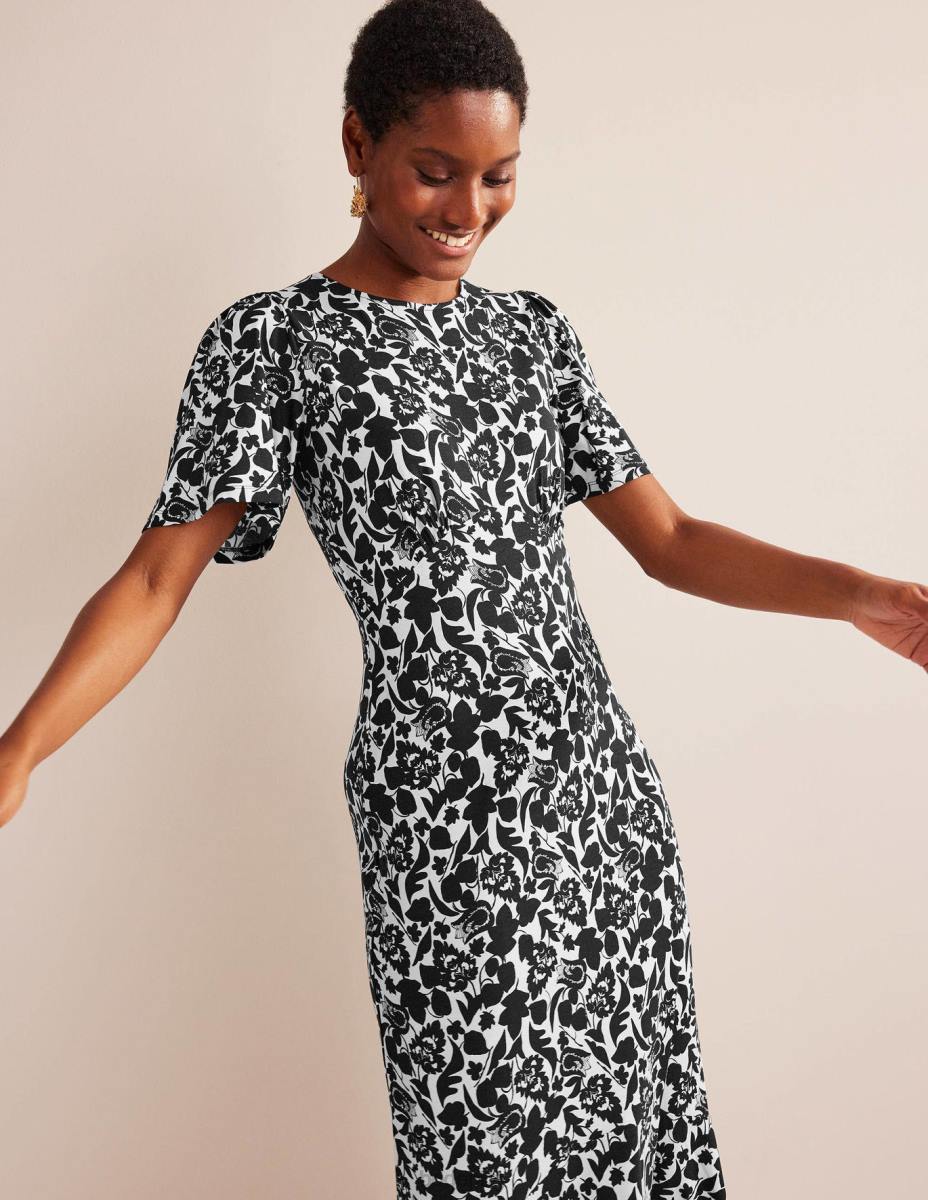 облекло Boden миди рокля от трико черно и лале цъфтеж Жени LL6849