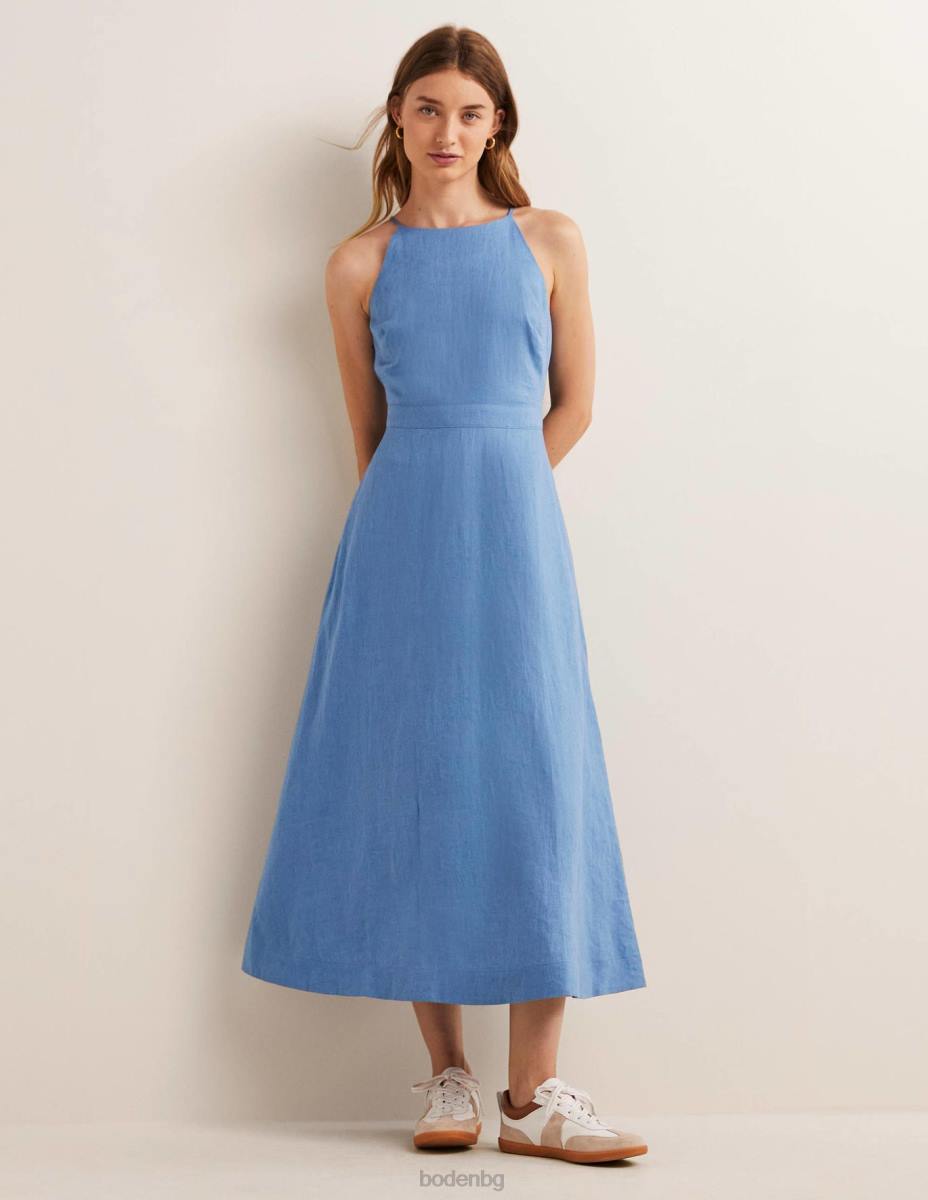 облекло Boden миди рокля от лен с деколте ривиера синьо Жени LL6866
