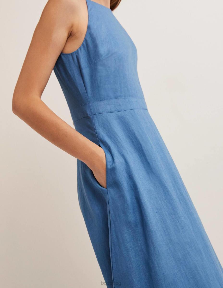 облекло Boden миди рокля от лен с деколте ривиера синьо Жени LL6866