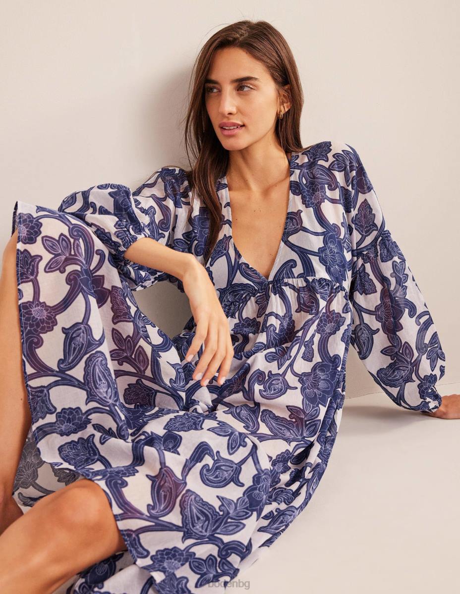 облекло Boden макси империя плажен кафтан синя панделка и пейсли вихър Жени LL6872