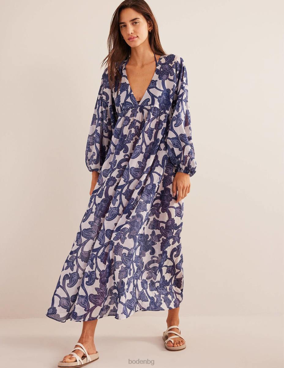 облекло Boden макси империя плажен кафтан синя панделка и пейсли вихър Жени LL6872