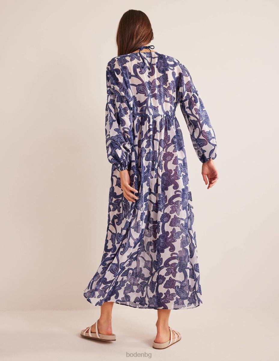 облекло Boden макси империя плажен кафтан синя панделка и пейсли вихър Жени LL6872
