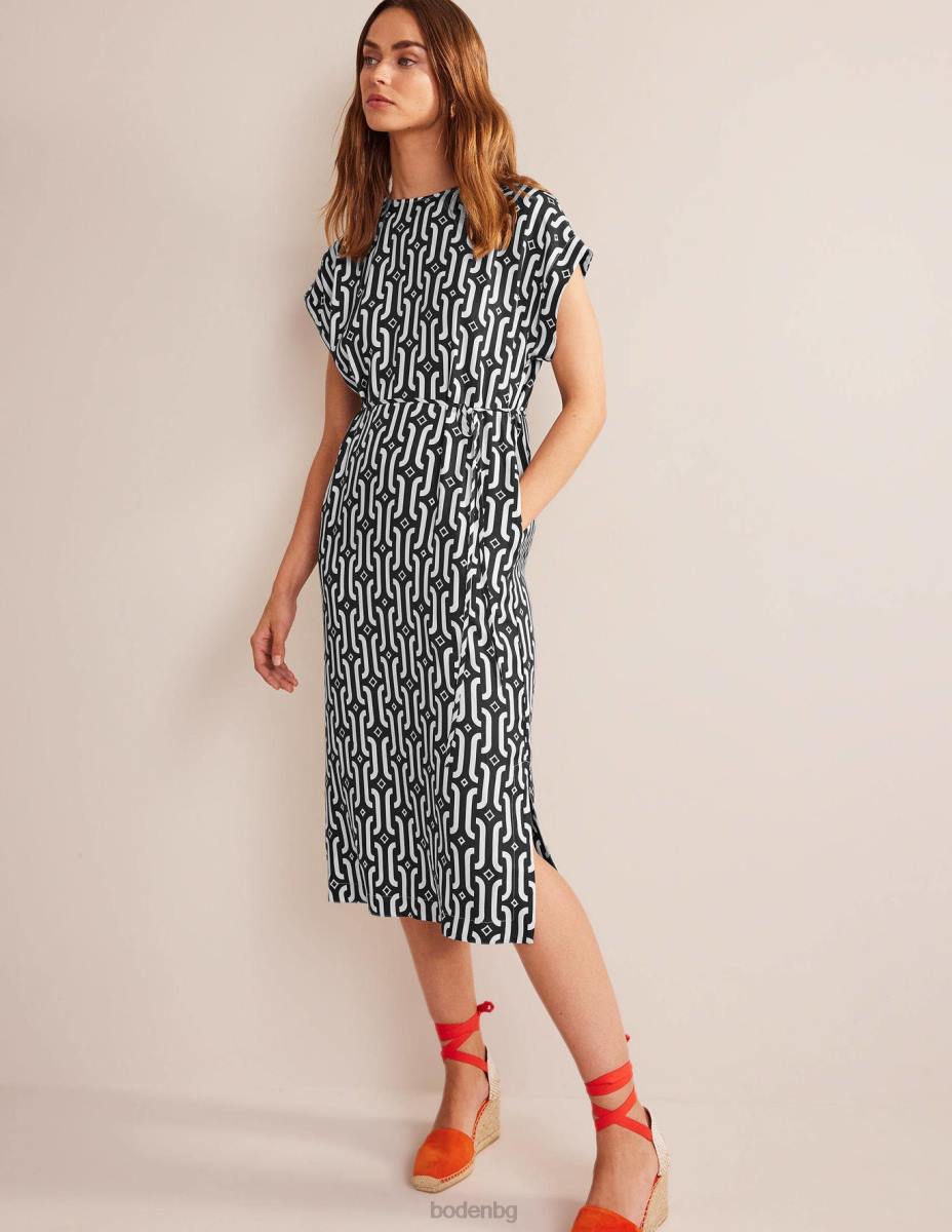 облекло Boden миди рокля с къс ръкав черно и лазурно гео Жени LL6877