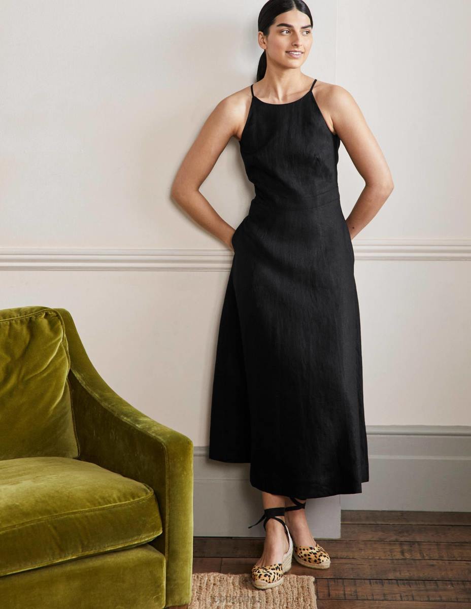 облекло Boden миди рокля от лен с деколте черен Жени LL6879