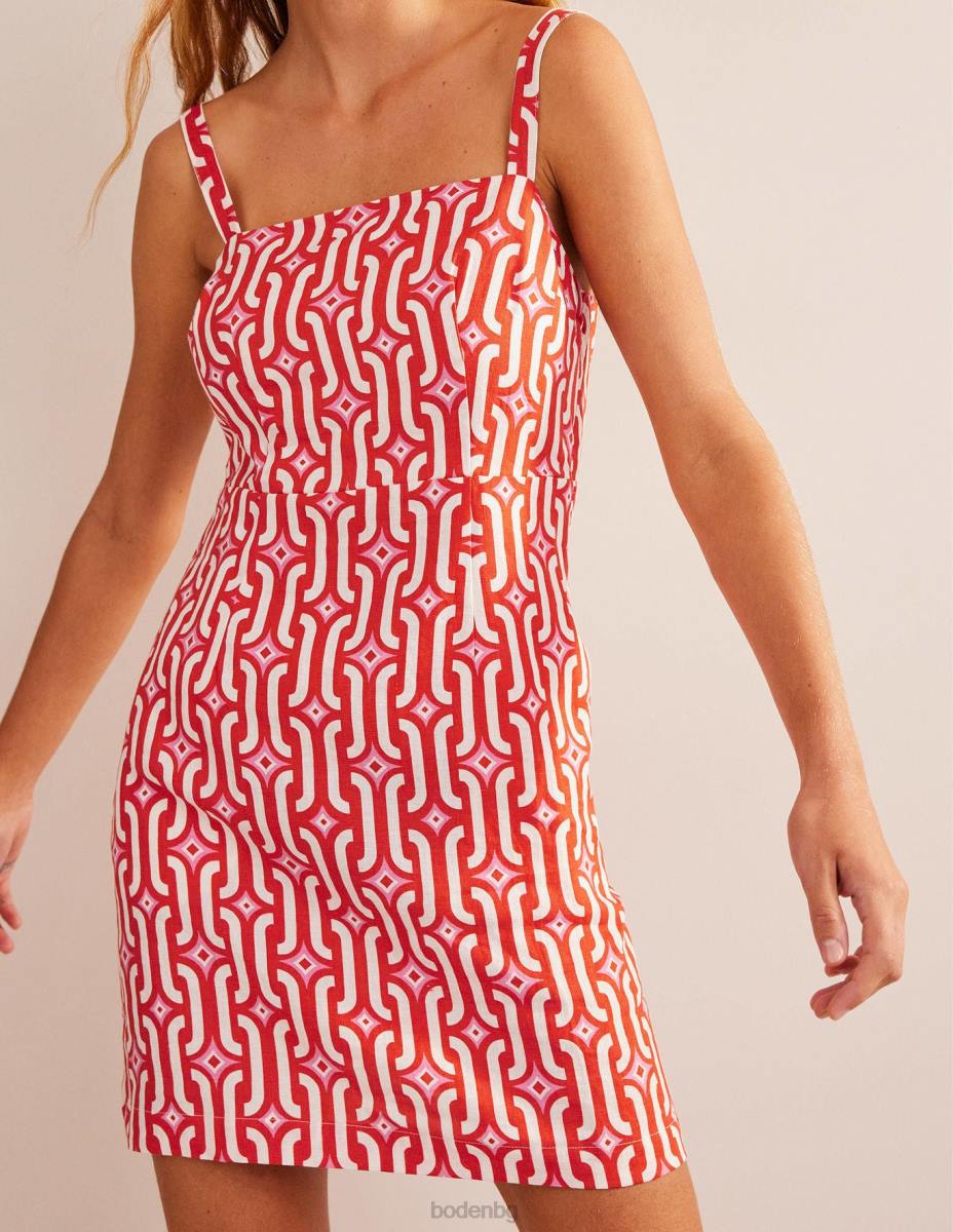 облекло Boden ленена мини рокля с презрамки кръвно оранжево и лазурно гео Жени LL6890