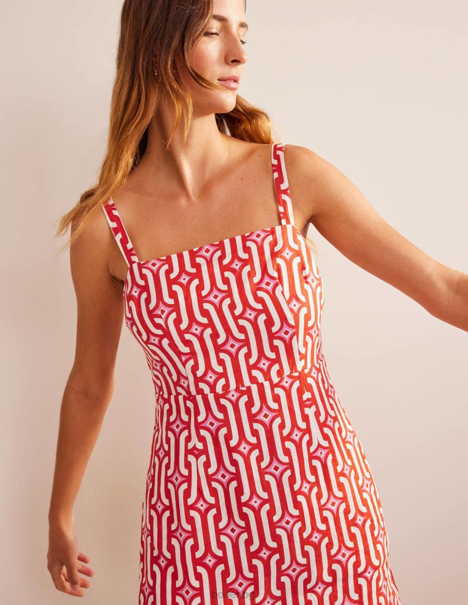 облекло Boden ленена мини рокля с презрамки кръвно оранжево и лазурно гео Жени LL6890