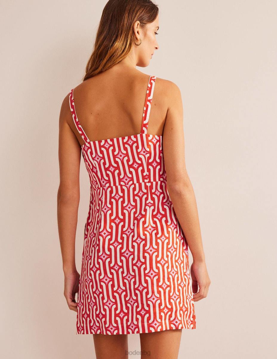 облекло Boden ленена мини рокля с презрамки кръвно оранжево и лазурно гео Жени LL6890