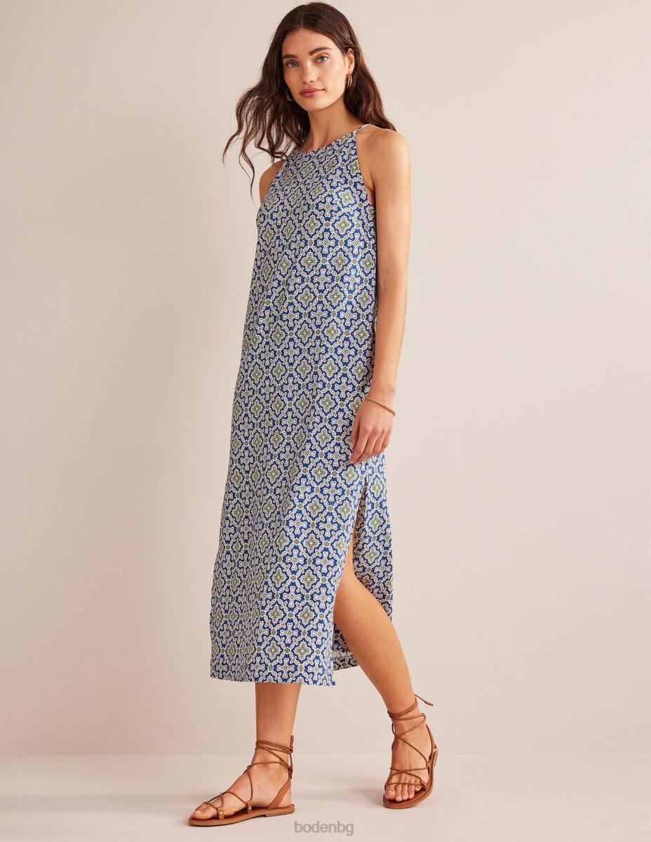 облекло Boden миди рокля от трико със състезателно деколте плочка синя чапла и флора Жени LL68938