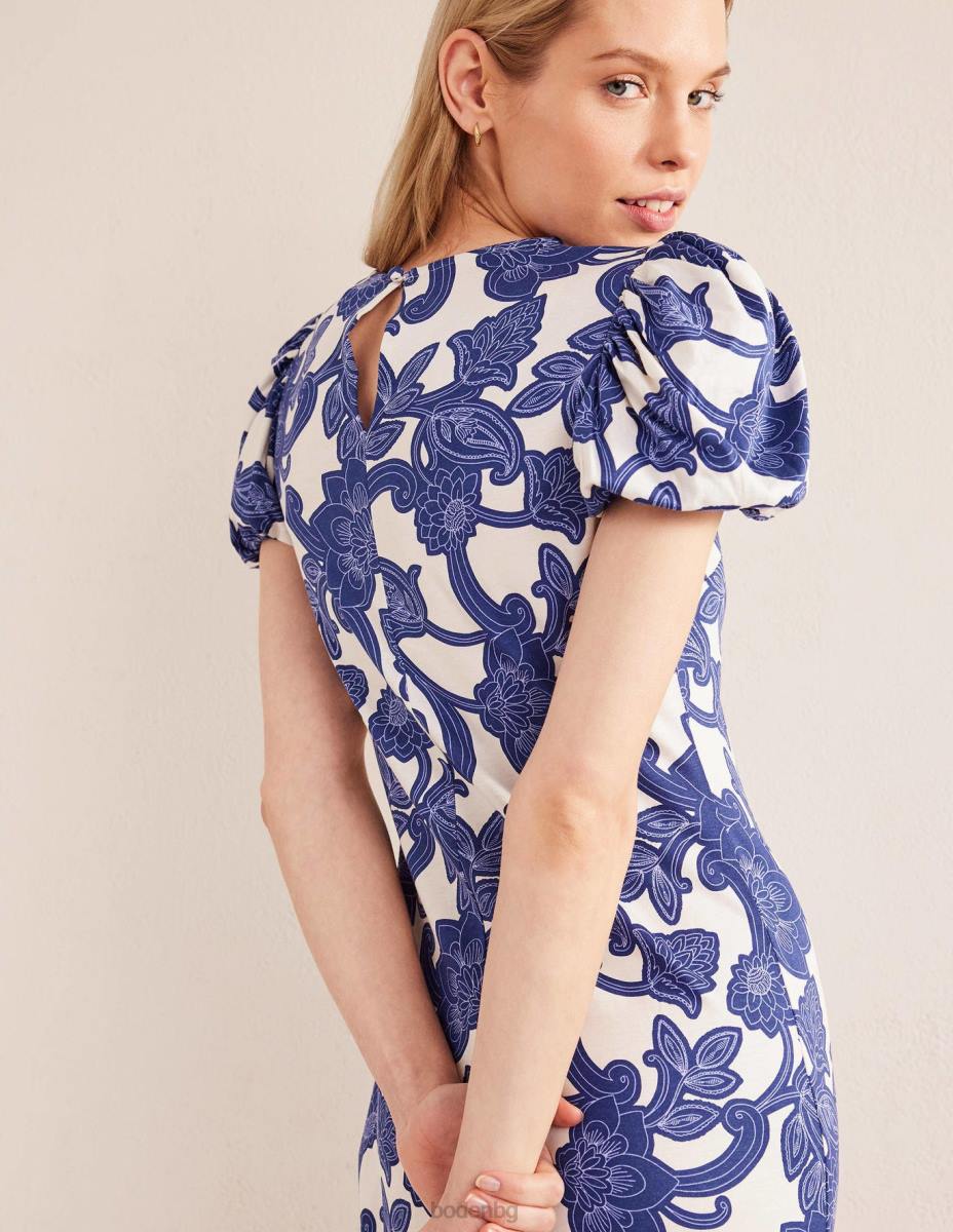 облекло Boden миди рокля от трико с буф ръкав синя панделка и пейсли вихър Жени LL68969