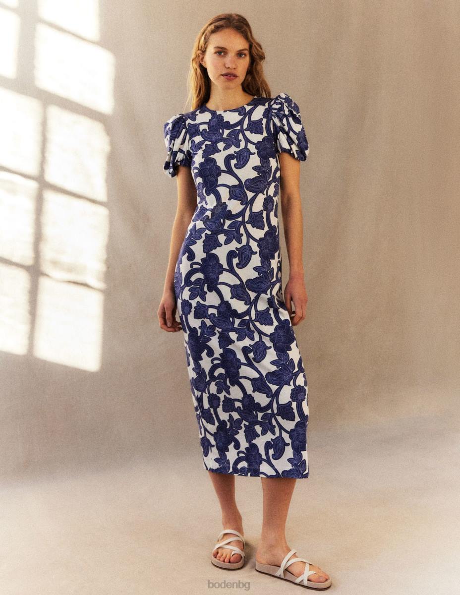 облекло Boden миди рокля от трико с буф ръкав синя панделка и пейсли вихър Жени LL68969