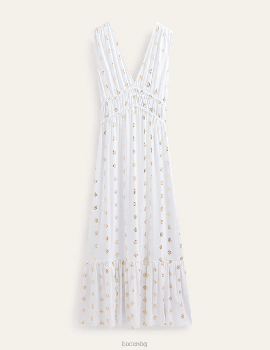 облекло Boden макси рокля от пушено трико бяло и спокойно листо Жени LL68972