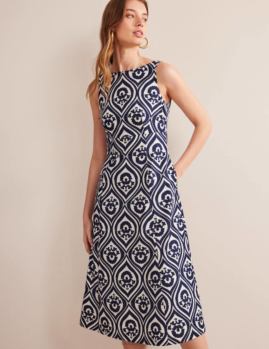 облекло Boden миди рокля с наклонено деколте Navy & гео каскада Жени LL68989