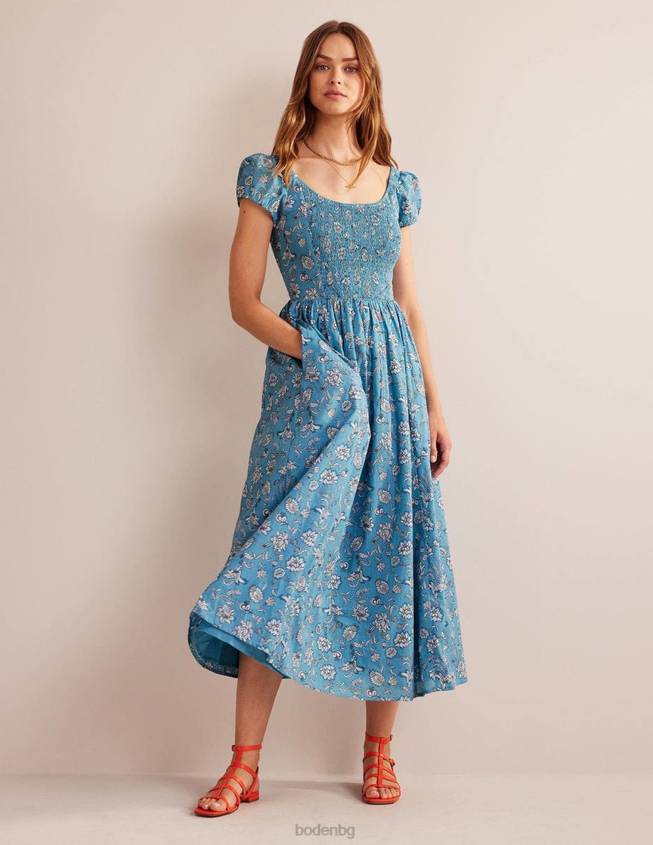 облекло Boden пушена миди рокля с широка деколте delphinium blue & meadow fall Жени LL6817