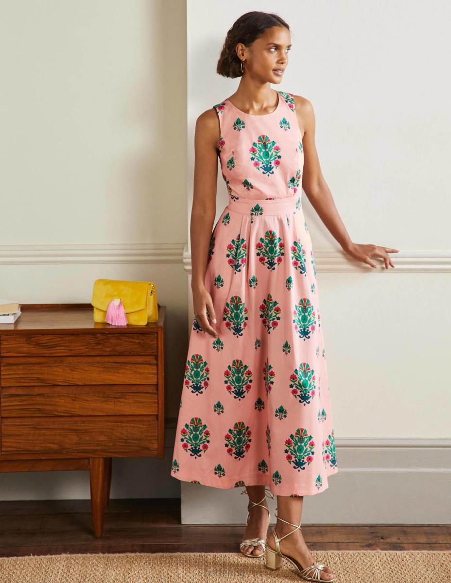 облекло Boden миди рокля с детайли на гърба elsa печат за млечен шейк и букет Жени LL682406