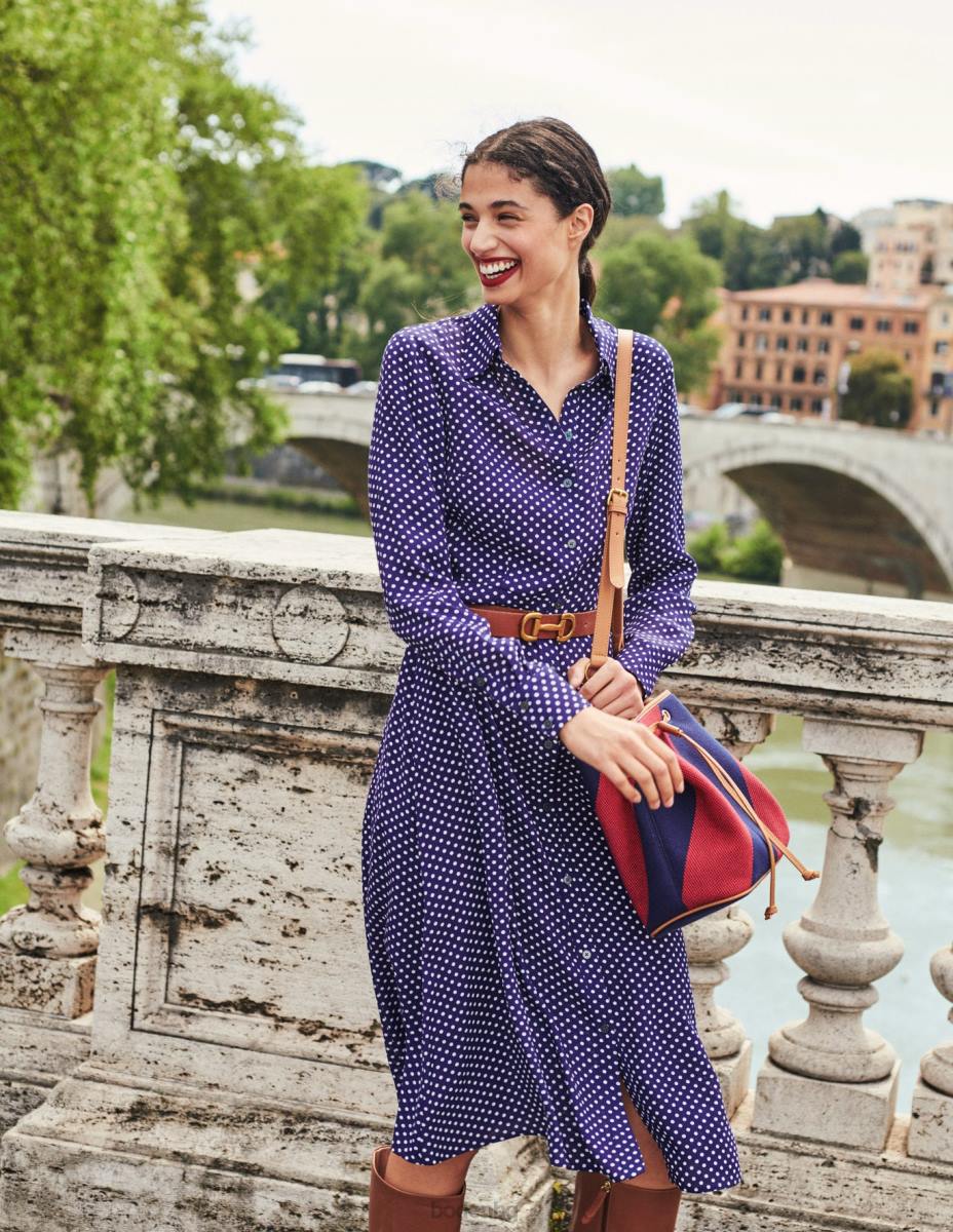 облекло Boden миди рокля с риза kate тъмносиньо и на точки Жени LL6850