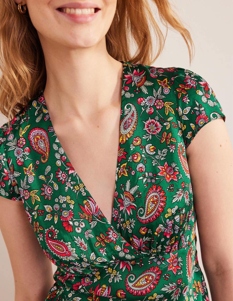 облекло Boden сатенена империя midi чаена рокля пейсли от зелено и глухарче Жени LL682486