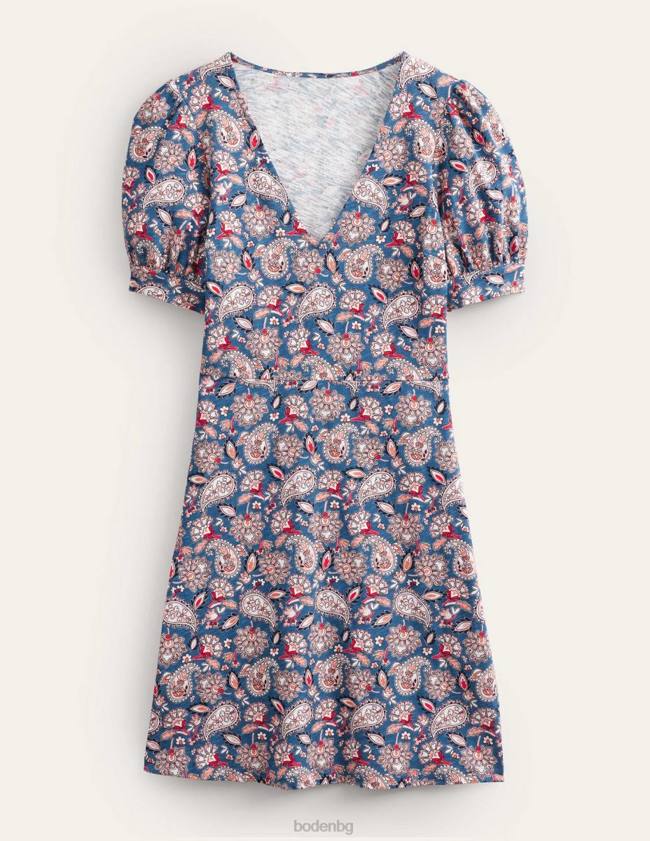 облекло Boden мини рокля от трико с v-образно деколте морско синьо и пейсли тераса Жени LL681076