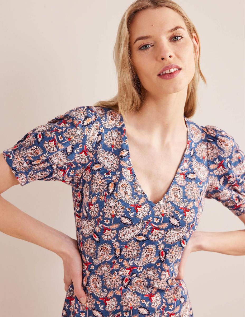 облекло Boden мини рокля от трико с v-образно деколте морско синьо и пейсли тераса Жени LL681076