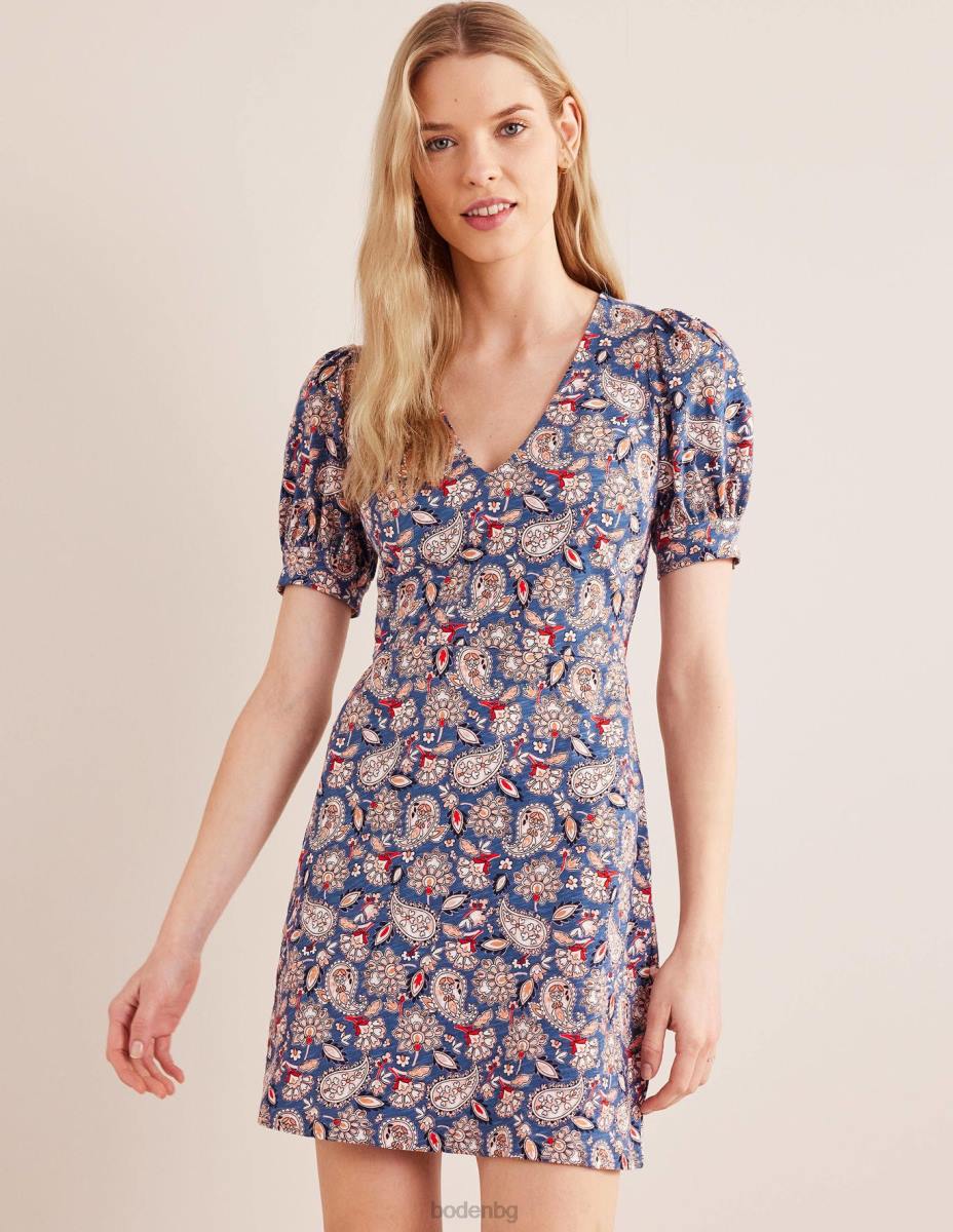 облекло Boden мини рокля от трико с v-образно деколте морско синьо и пейсли тераса Жени LL681076