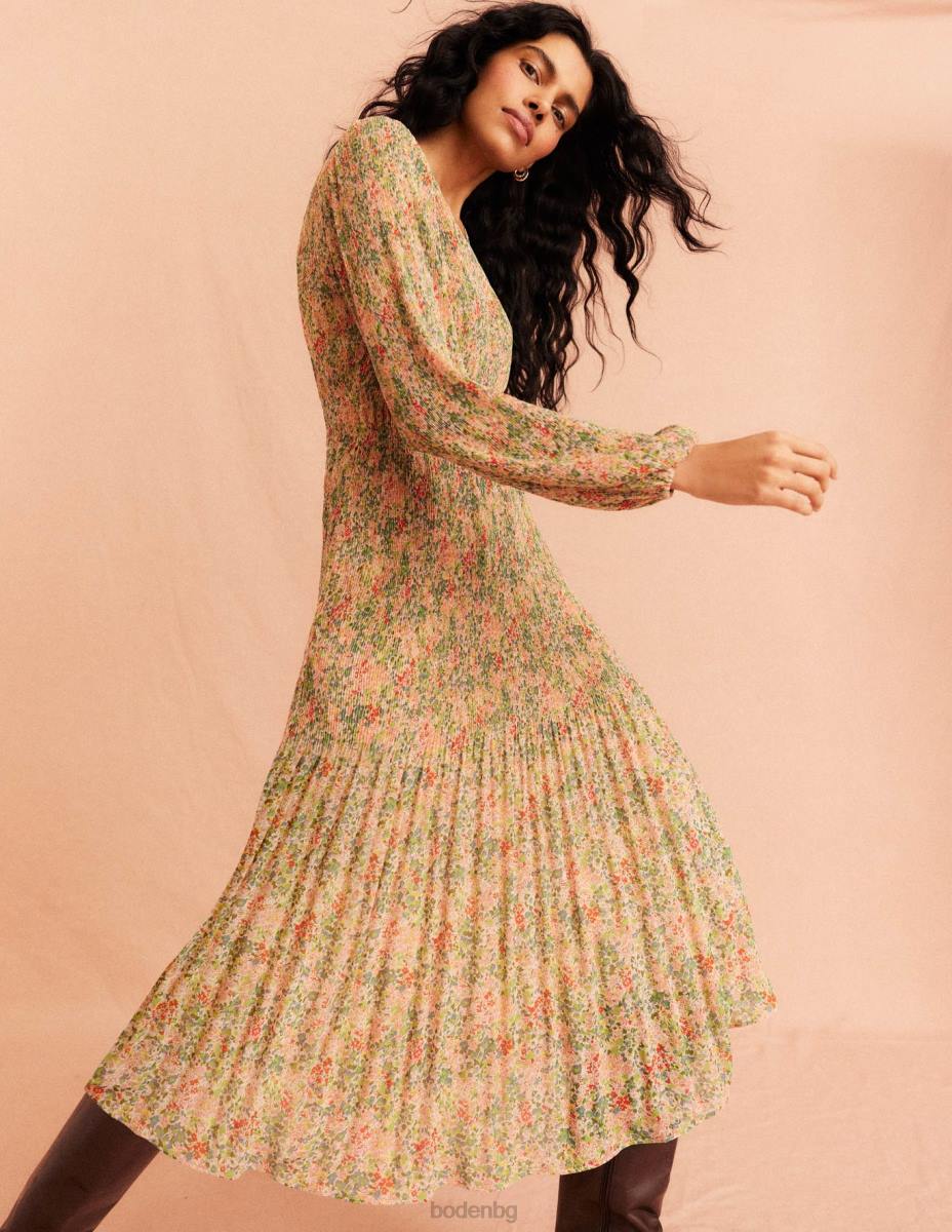 облекло Boden плисе миди рокля с v-образно деколте пуканки и листенца от гардения Жени LL681109