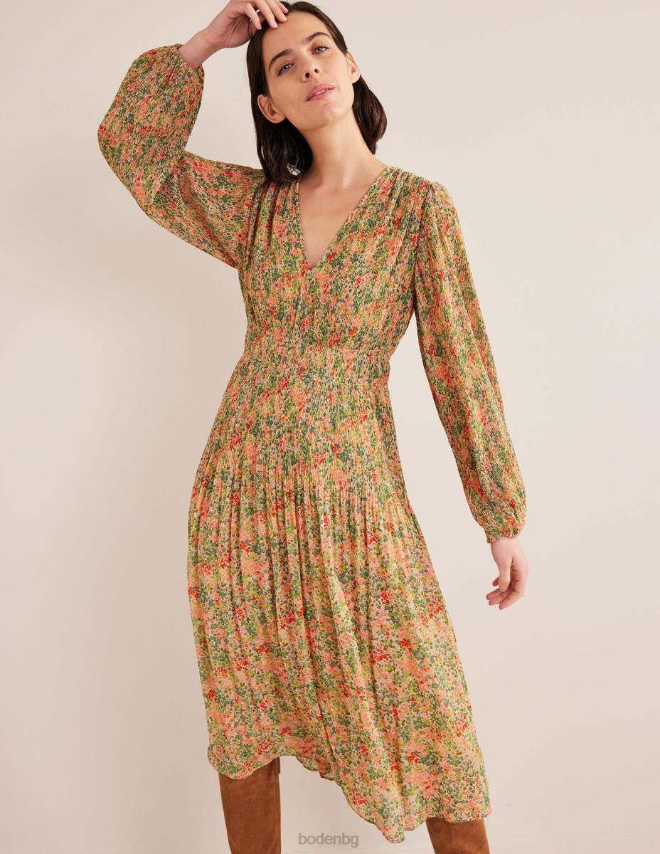 облекло Boden плисе миди рокля с v-образно деколте пуканки и листенца от гардения Жени LL681109