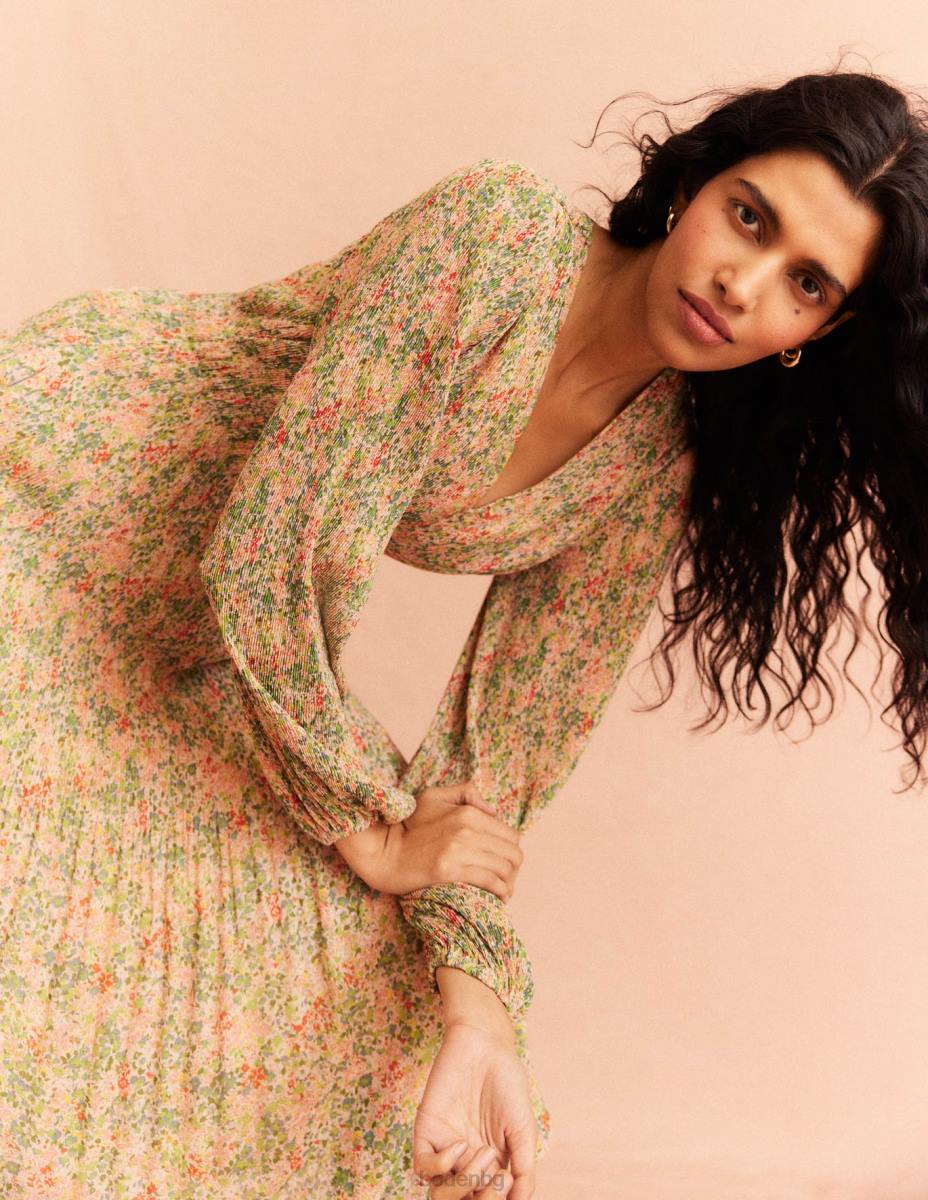 облекло Boden плисе миди рокля с v-образно деколте пуканки и листенца от гардения Жени LL681109