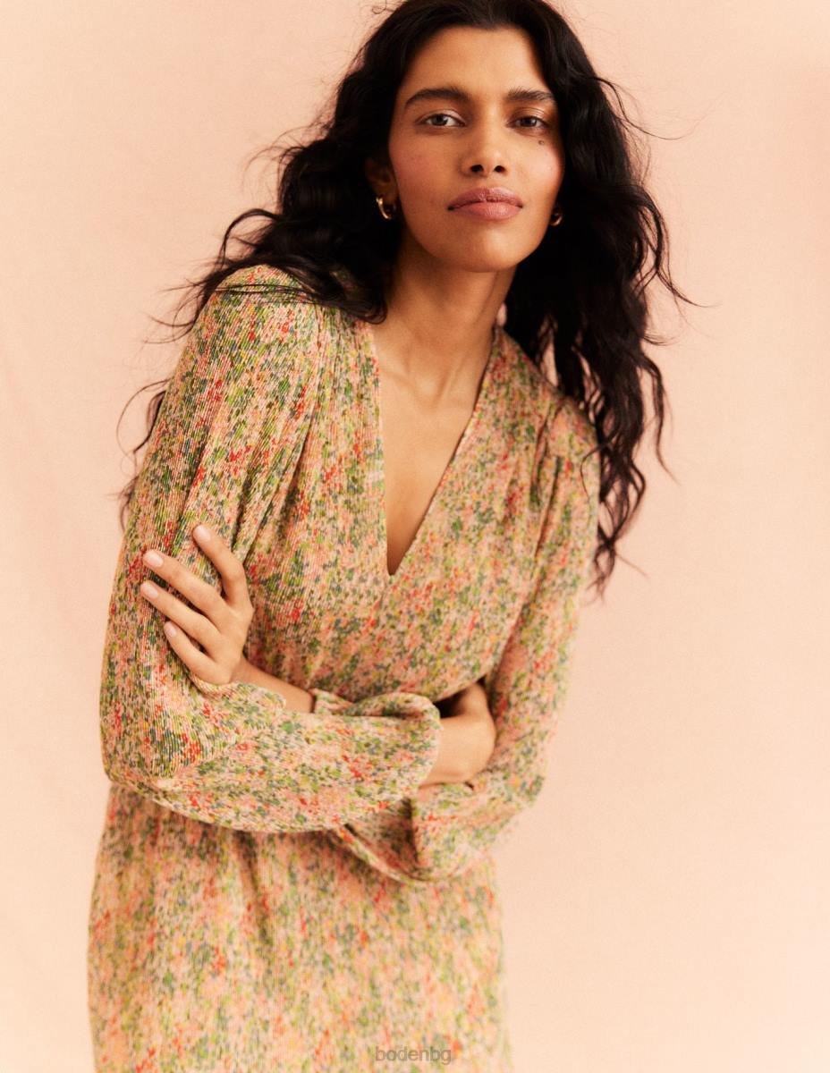 облекло Boden плисе миди рокля с v-образно деколте пуканки и листенца от гардения Жени LL681109