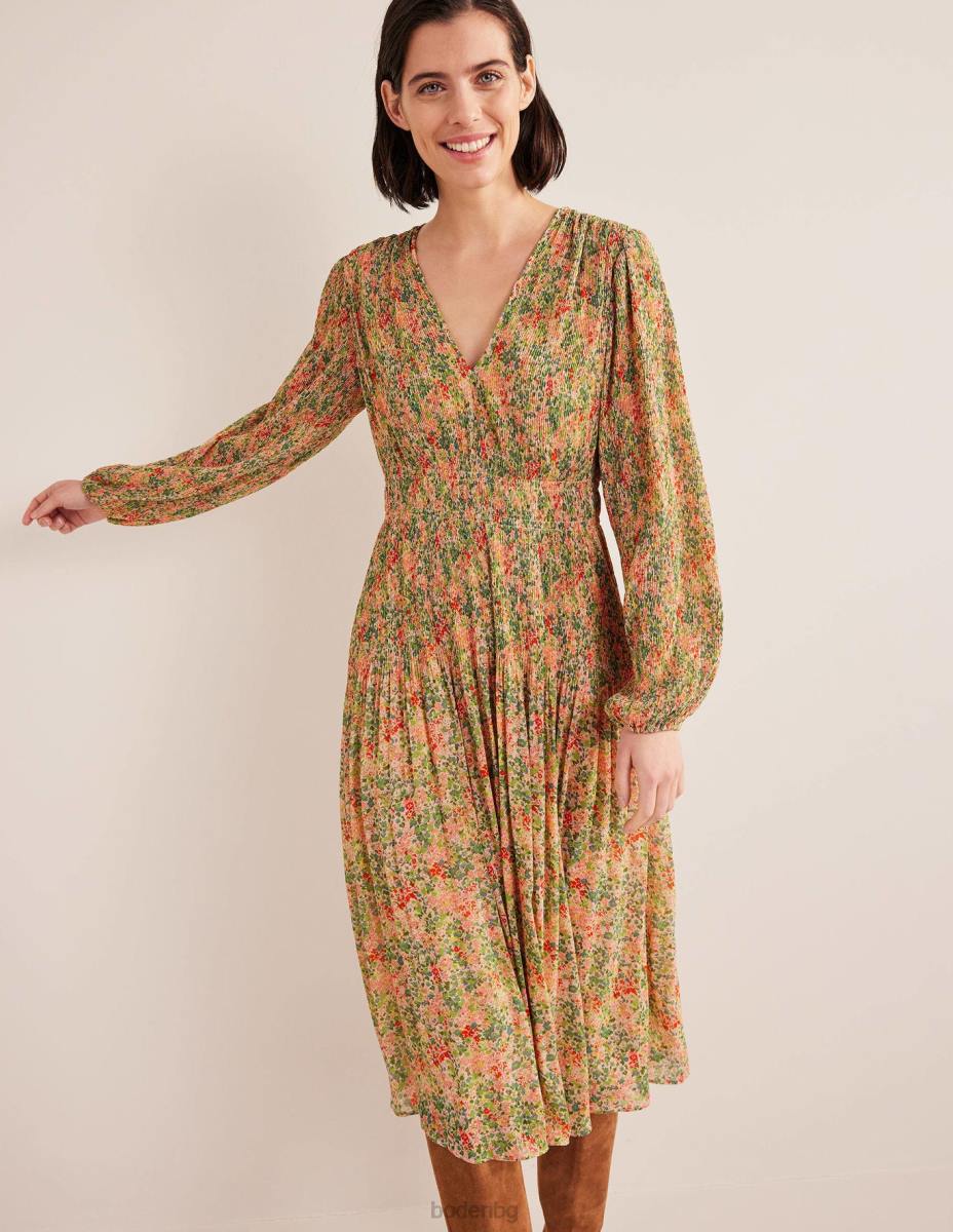 облекло Boden плисе миди рокля с v-образно деколте пуканки и листенца от гардения Жени LL681109