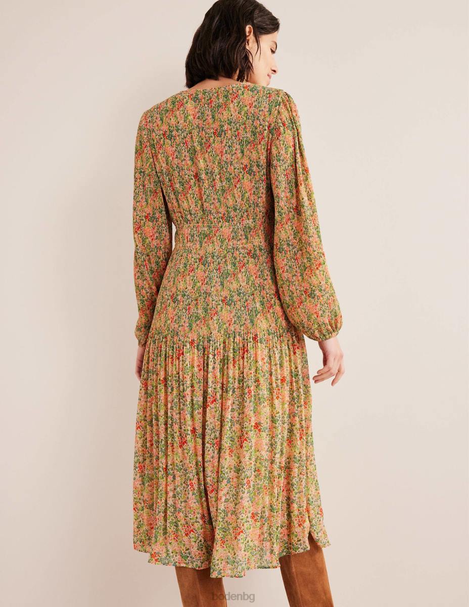 облекло Boden плисе миди рокля с v-образно деколте пуканки и листенца от гардения Жени LL681109