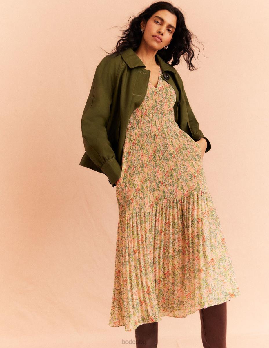 облекло Boden плисе миди рокля с v-образно деколте пуканки и листенца от гардения Жени LL681109