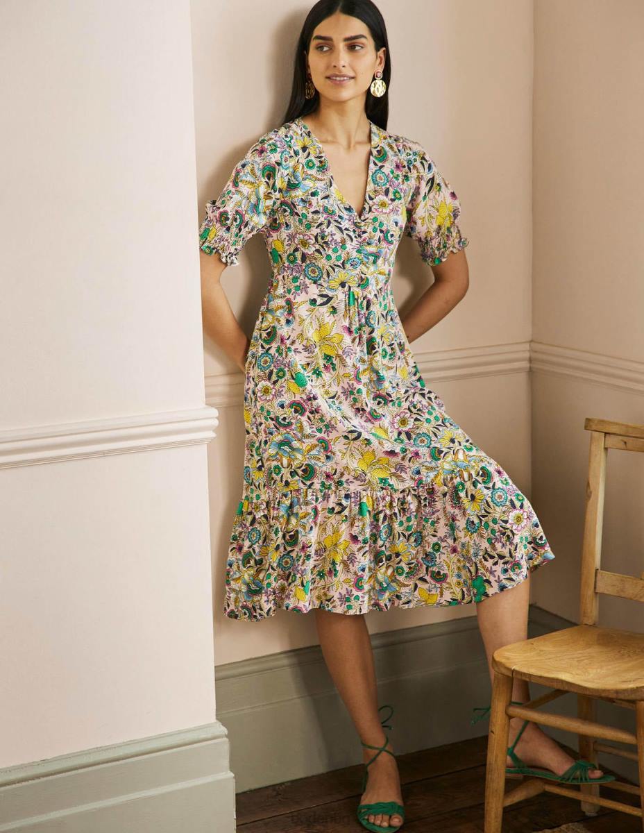 облекло Boden миди рокля с v-образно деколте млечен шейк и тропическа поляна Жени LL682401