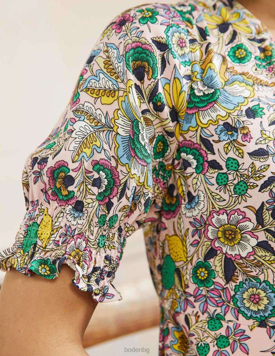 облекло Boden миди рокля с v-образно деколте млечен шейк и тропическа поляна Жени LL682401