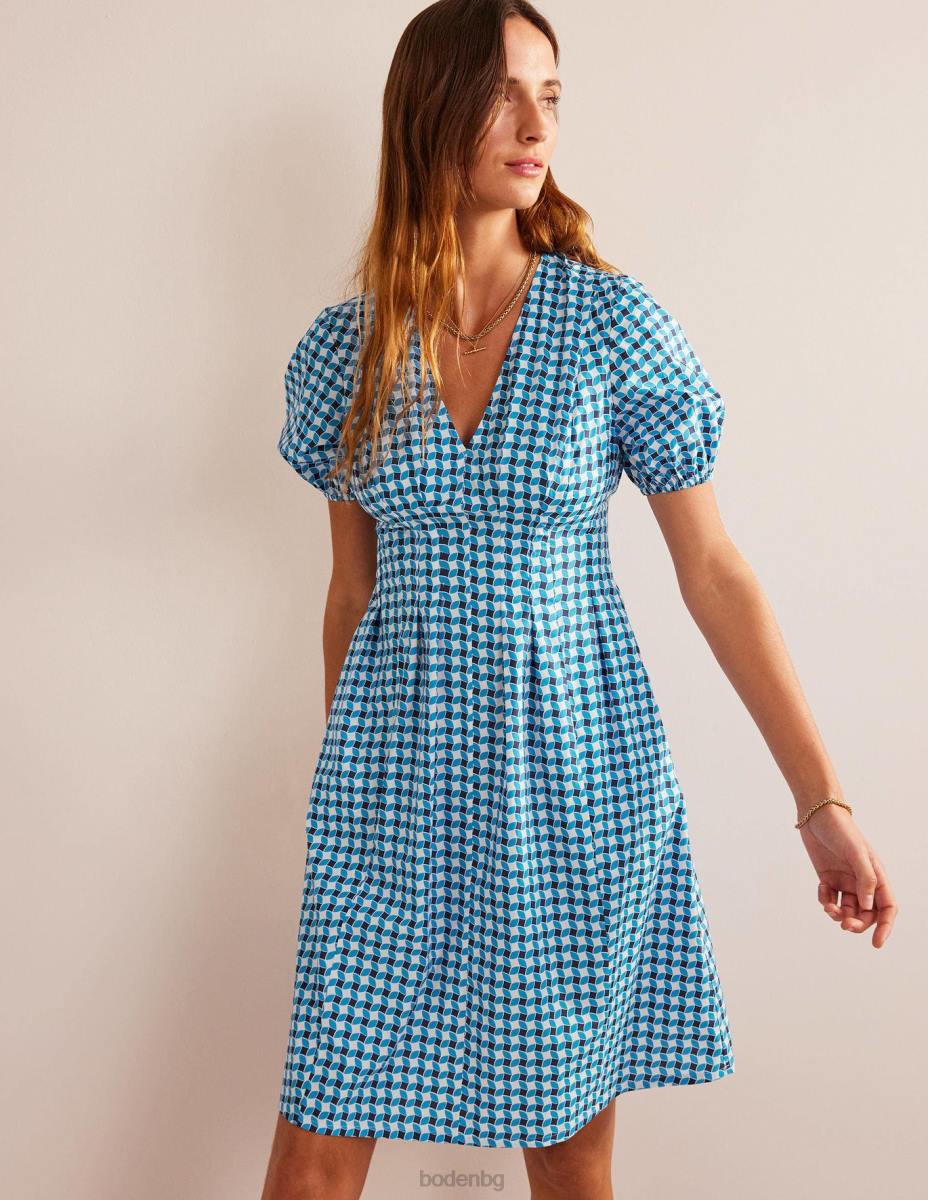 облекло Boden рокля с v-образно деколте и стрелички флуоро синьо и абстрактен диамант Жени LL6841