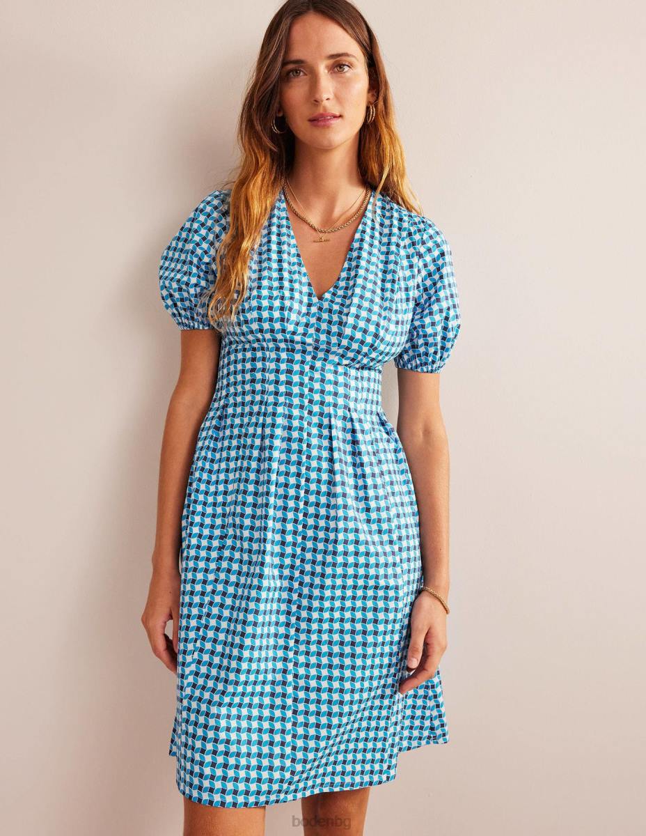 облекло Boden рокля с v-образно деколте и стрелички флуоро синьо и абстрактен диамант Жени LL6841