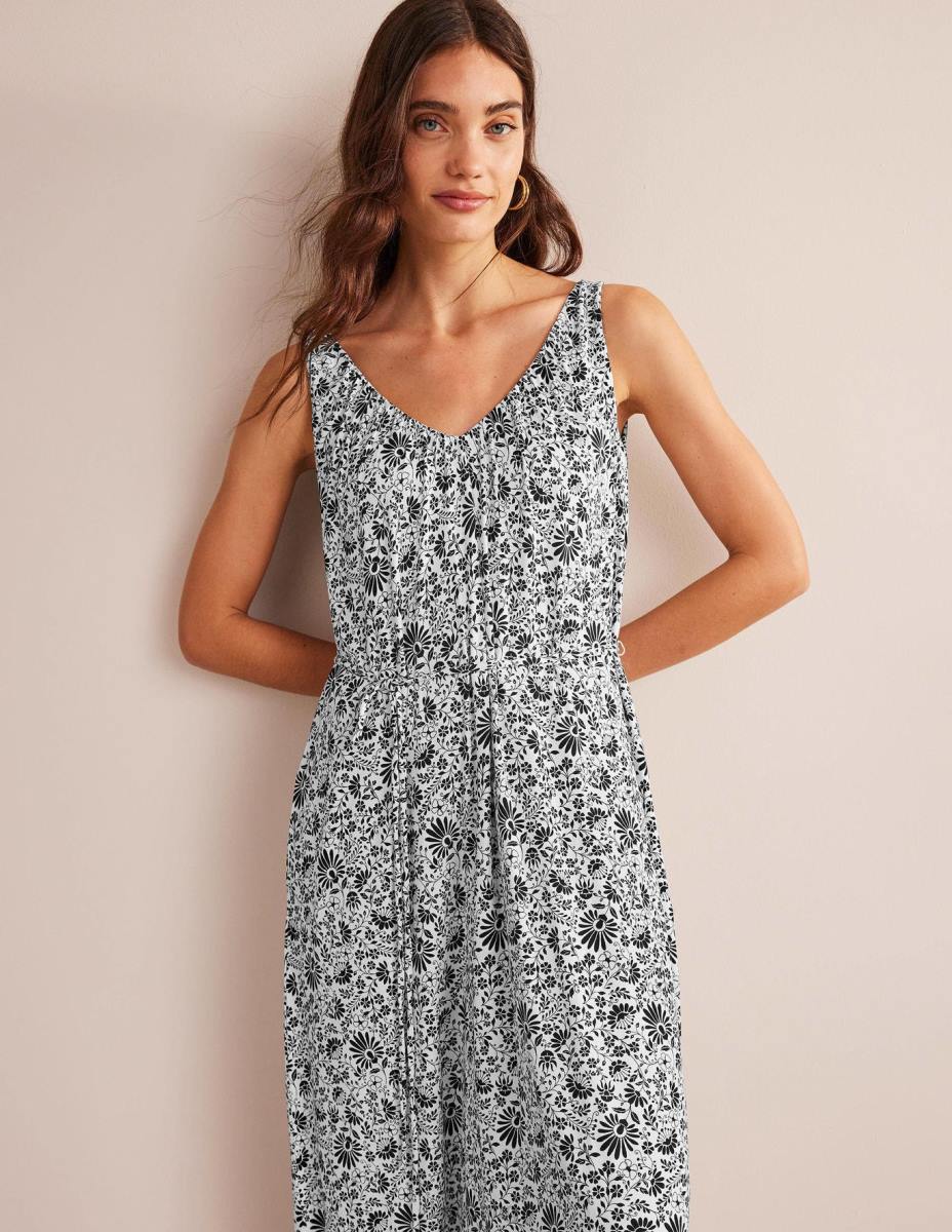 облекло Boden макси рокля от трико с v-образно деколте клонче черна и гардения Жени LL68945