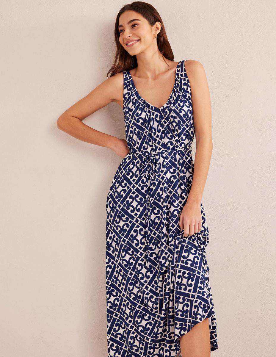 облекло Boden макси рокля от трико с v-образно деколте пруско синьо и спокоен гео Жени LL68996